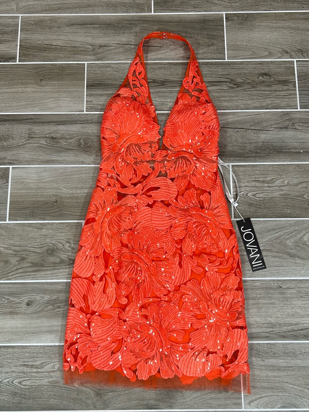 Jovani Sequin Dress Style #04189A Plunging Neck Size 6 Appliques Short Dress NWT
